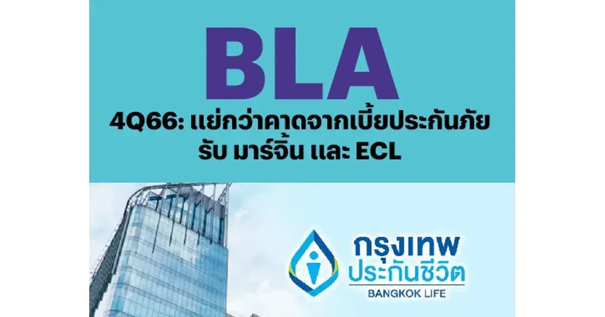 BLA – 4Q66: แย่กว่าคาดจากเบี้ยประกันภัยรับ มาร์จิ้น และ ECL – ปรับคำแนะนำลงสู่ NEUTRAL (ราคาเป้าหมาย 22 บาท)