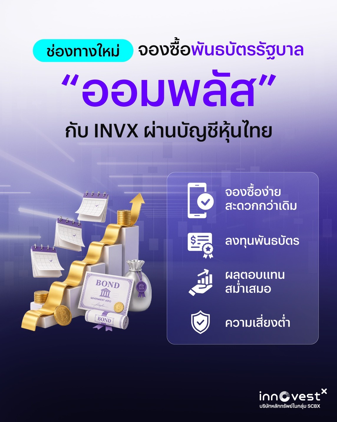 ช่องทางใหม่ จองซื้อพันธบัตรรัฐบาล ออมพลัส กับ INVX ผ่านบัญชีหุ้นไทย — จองซื้อง่าย ลงทุนพันธบัตร ผลตอบแทนสม่ำเสมอ ความเสี่ยงต่ำ